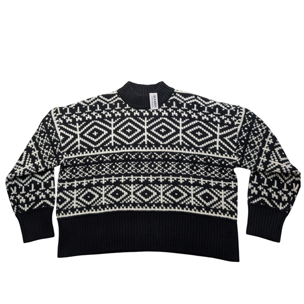 NWT Old Navy SoSoft Sweater Womens L Black White Mock Neck Geometric Knit